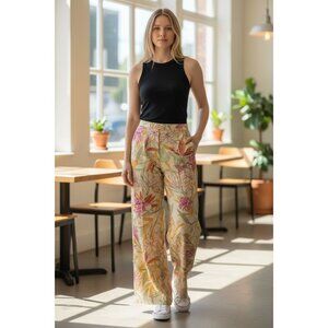 NEW Talbots Silk Pants Womens 10 Cotton Tropical Floral Trousers Yellow Pink